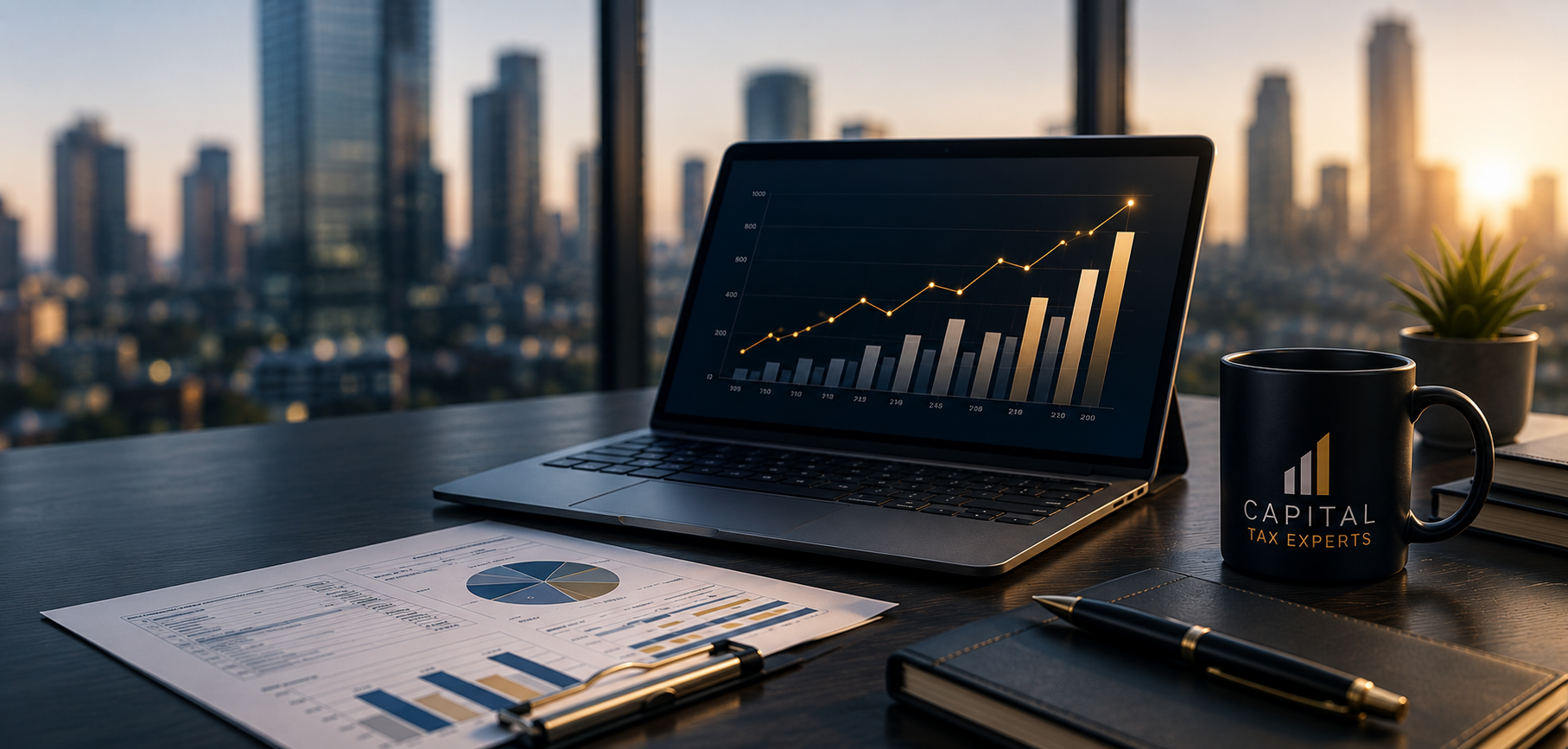 Business desk with financial documents, laptop displaying a rising stock or sales chart, a black mug with branding 'CAPITAL TAX EXPERTS', a pen, a notebook, and a small potted plant, with a city skyline in the background during sunset.