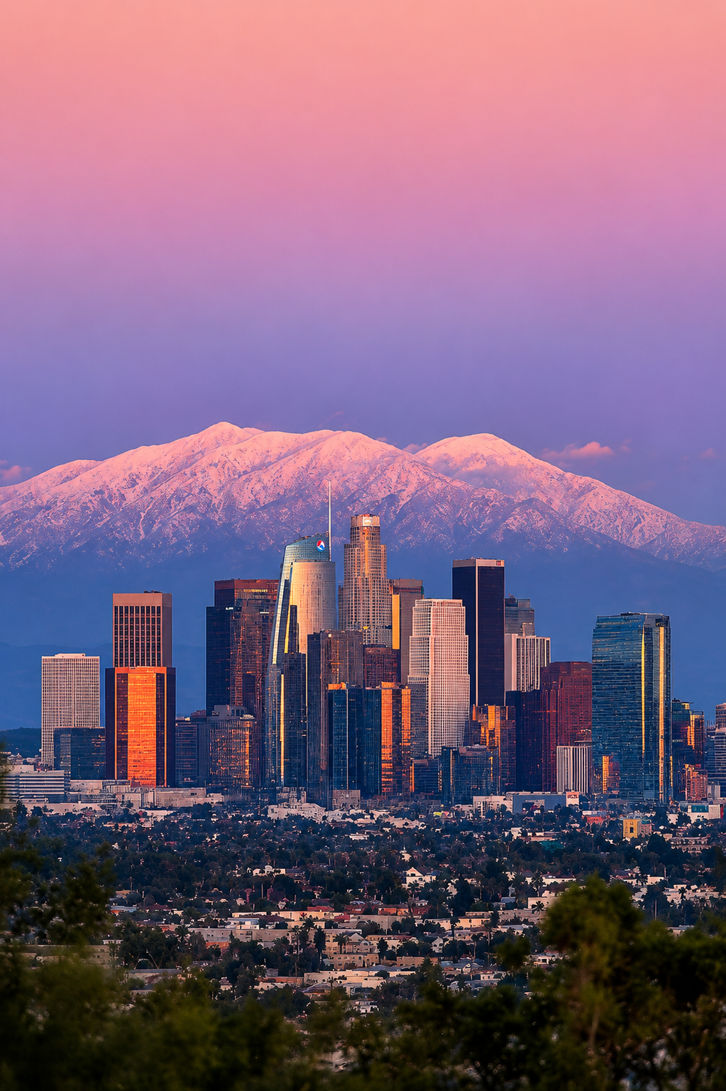 Skyline of downtown Los Angeles with snow-capped mountains in the background during sunset, featuring tall buildings and lush green trees in the foreground.