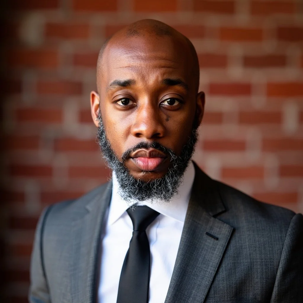 A man with a bald head and a full beard wearing a gray suit, white shirt, and black tie, standing in front of a brick wall.