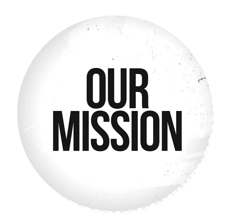Black text on a white circular background that reads 'OUR MISSION'.