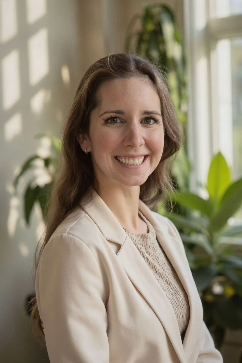 Portrait of a smiling woman with long, wavy brown hair, wearing a beige blazer and a light sweater, standing indoors near a window with green plants in the background.