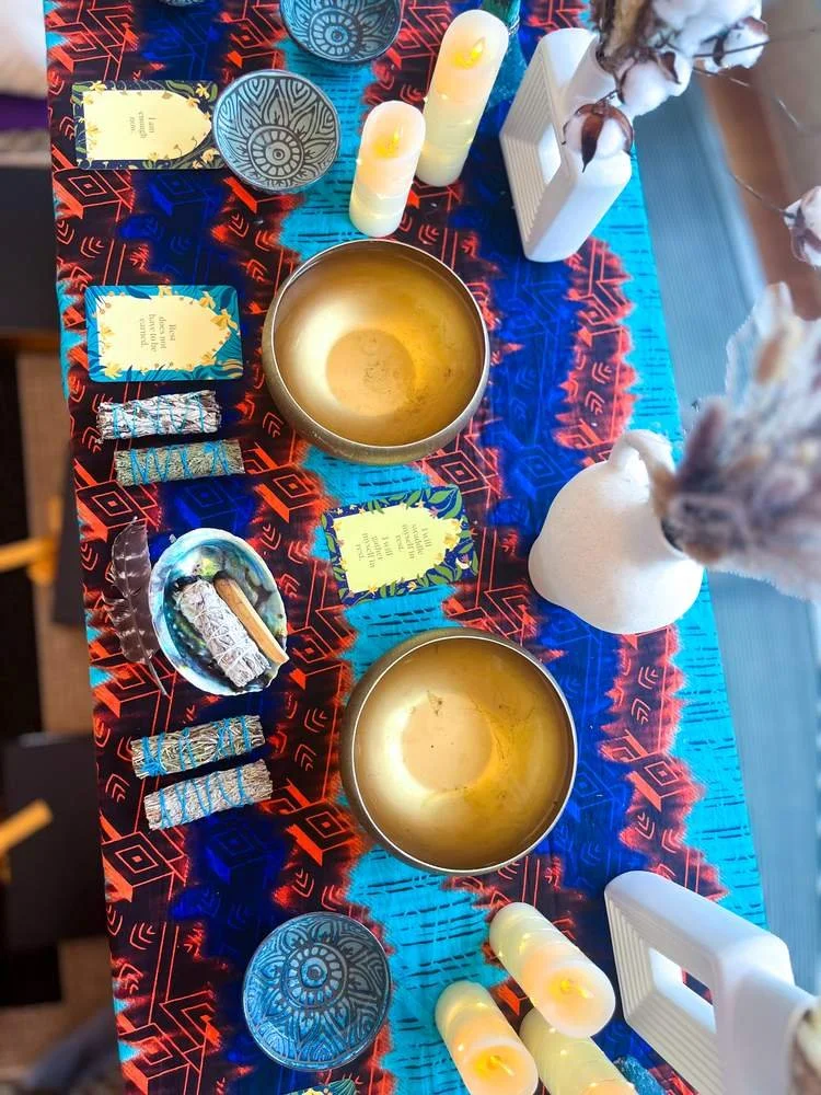 Sacred altar table with singing bowls
