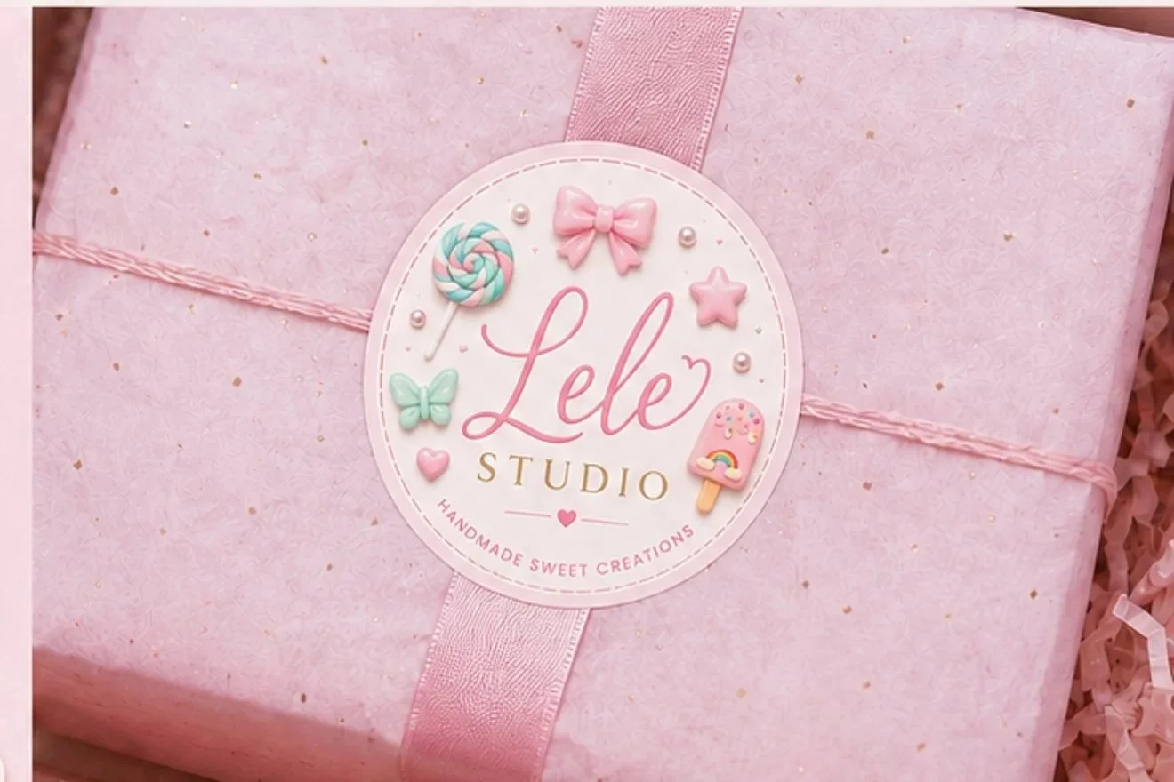 A pink gift box decorated with a pink ribbon and a circular label that reads 'Lele Studio' with pastel-colored candy, bow, star, heart, and popsicle illustrations.