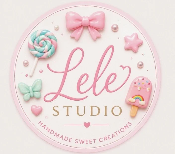 Pink and white circular logo for Lele Studio with handmade sweet creations, featuring a pink bow, pastel candies, butterflies, stars, hearts, and a rainbow ice cream.