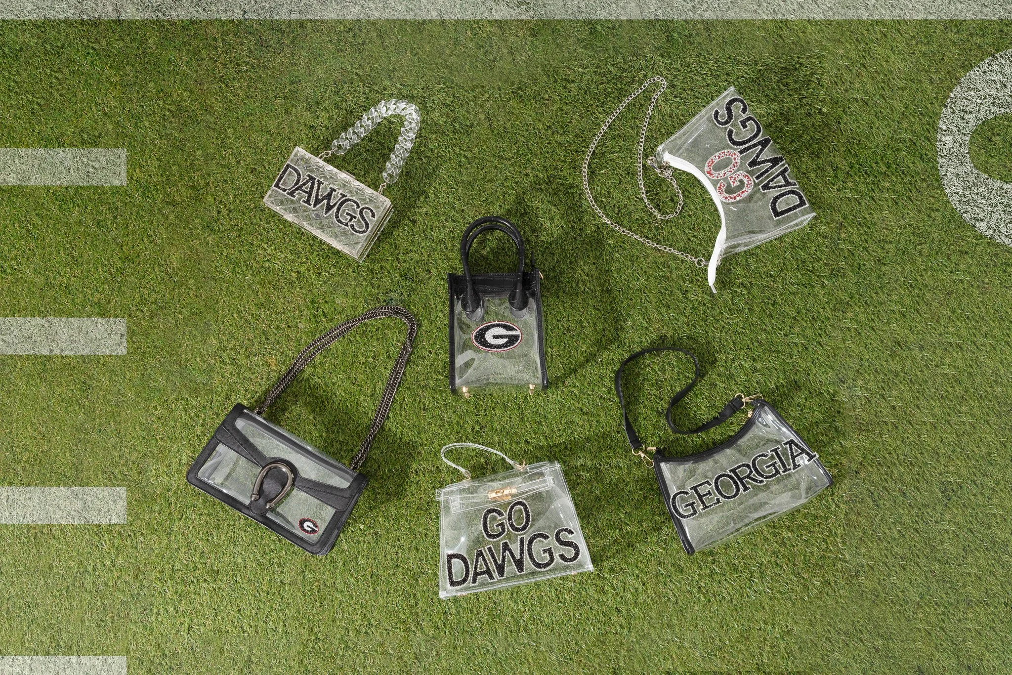 Various clear acrylic handbags and accessories with college team logos and slogans like 'Go Dawgs' and 'Georgia' on a grassy sports field.