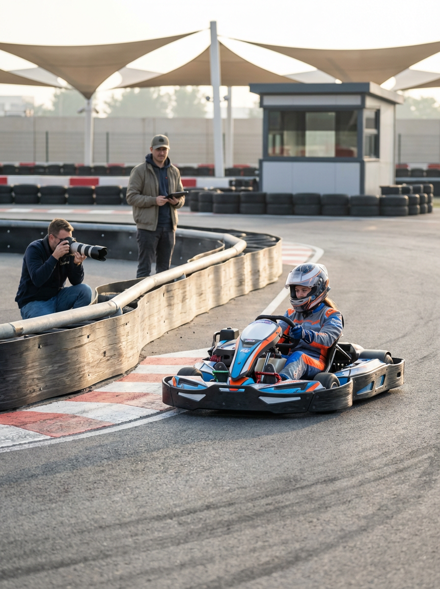 Person in go-kart wearing helmet, two people observing, one taking photos at go-kart track.