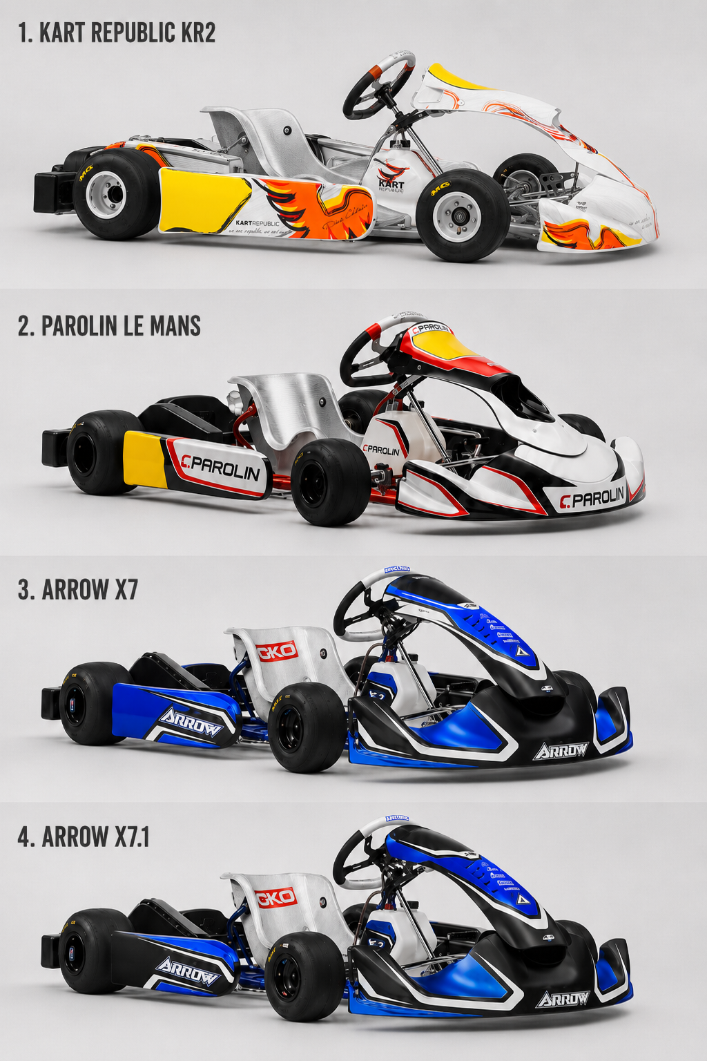 Comparison of four go-karts: Top to bottom, Kart Republic KR2, Parolin Le Mans, Arrow X7, Arrow X7.1, each with unique color schemes and branding.