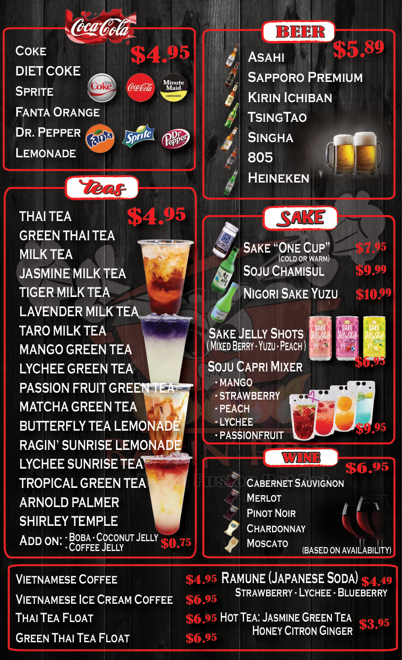 Menu featuring Coca-Cola drinks, various beers, teas, sake, wines, and beverages with prices listed, set against a dark wooden background.