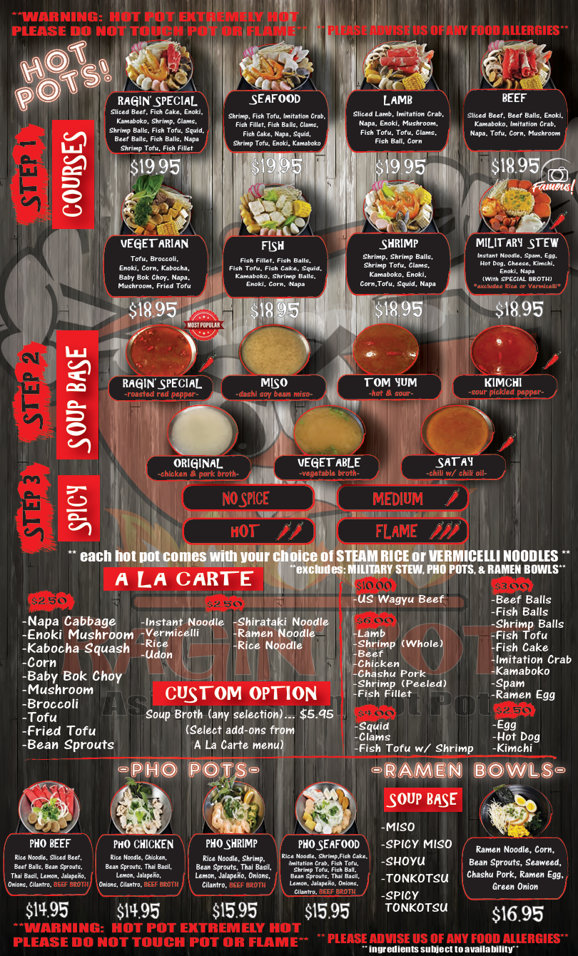 Menu board displaying hot pots, soups, and ramen options with prices, ingredients, and custom options, featuring dishes like Ragin Special, Seafood, Lamb, Beef, Vegetarian, Fish, Shrimp, Military Stew, and various soup bases and add-ons.