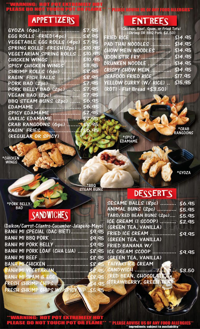 Menu featuring Asian dishes including appetizers, entrees, desserts, and sandwiches with photos of spring rolls, edamame, gyoza, chicken wings, pork belly bao, steamed buns, dumplings, ice cream, and fried banana with ice cream.