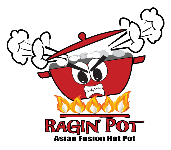 An angry cartoon red pot with eyes and a mouth, boiling and emitting steam, over flames, with the text "Ragin Pot" below.