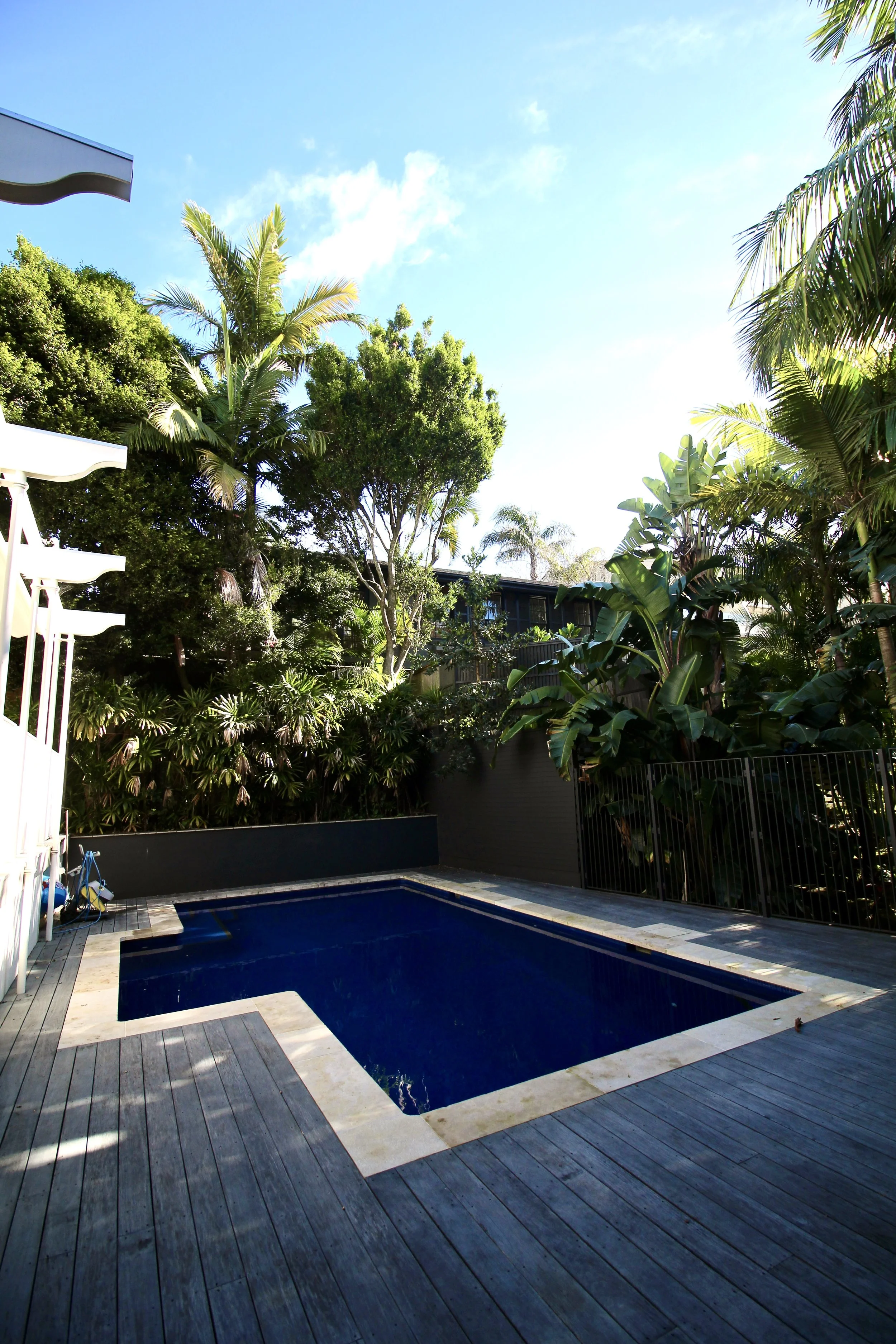 Backyard with a small in-ground pool, surrounded by wooden decking and lush green tropical trees and plants, with a clear blue sky overhead.