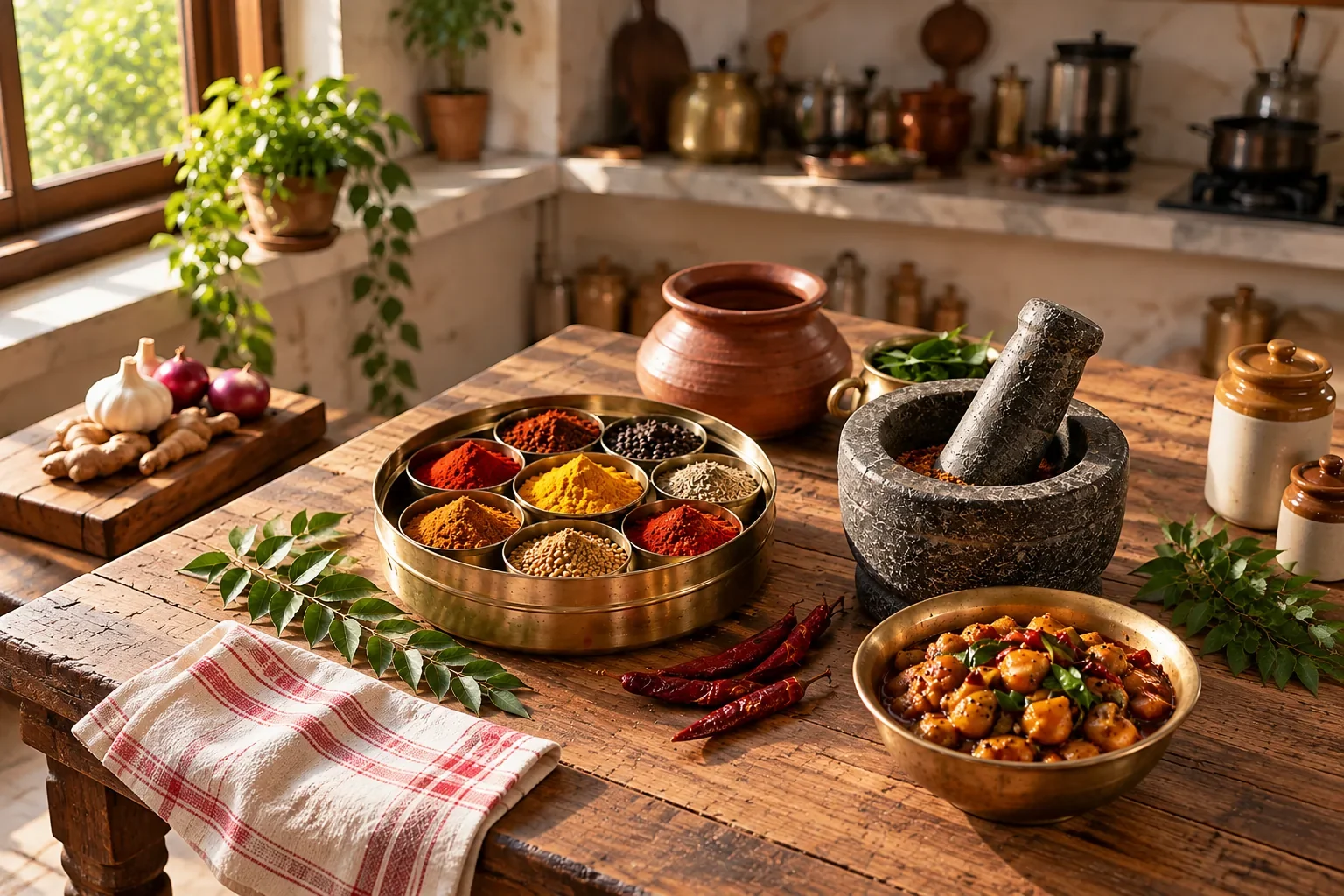 Spices, a stone mortar and pestle, and a home-cooked meal on a wooden kitchen table