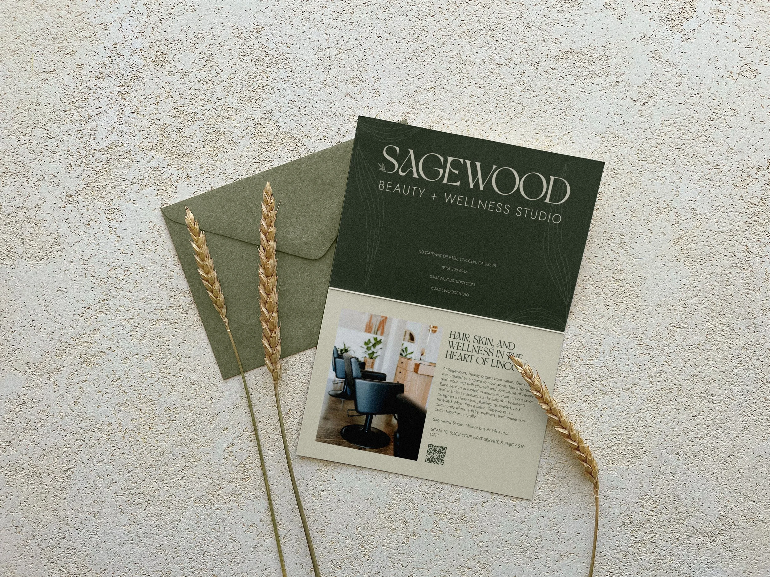 Flyer design featuring Sagewood hair salon branding