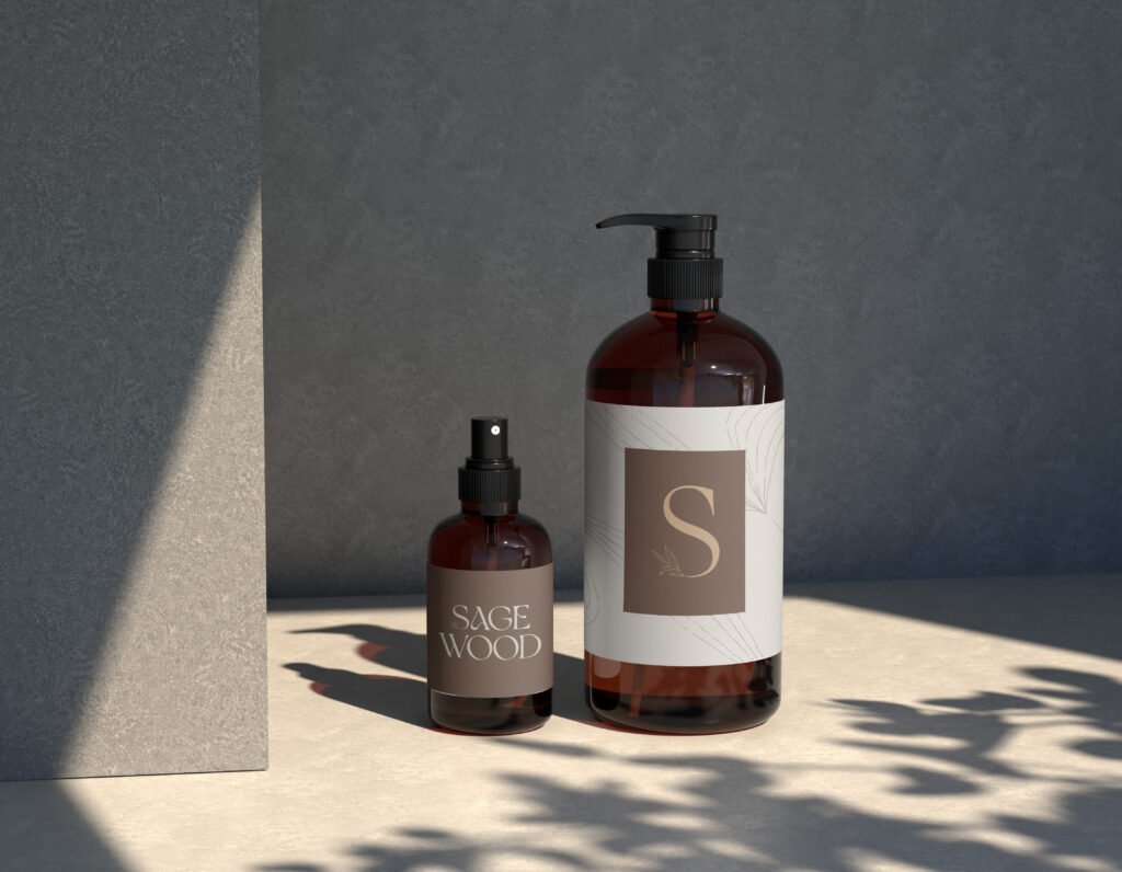 Hair salon logo displayed on cosmetic bottles
