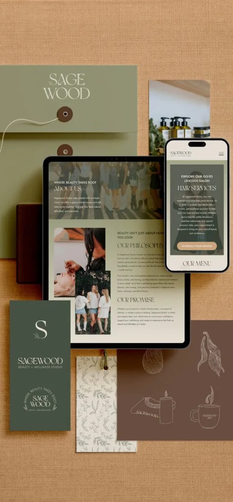Branded stationery and screen featuring Sagewood branding