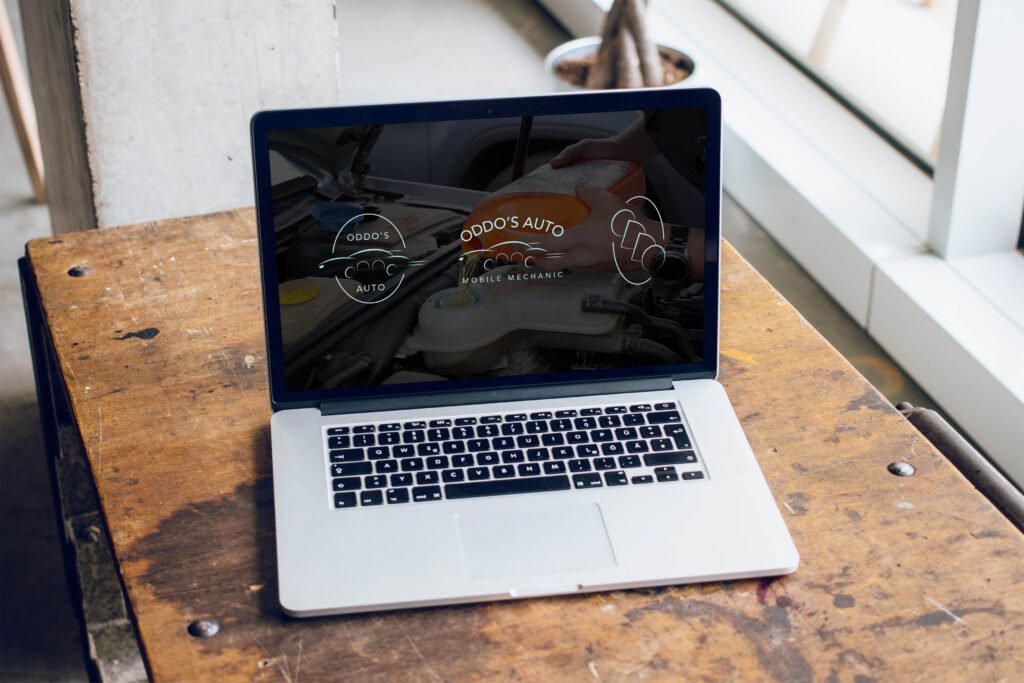 Oddo’s Auto logo variations displayed on a laptop