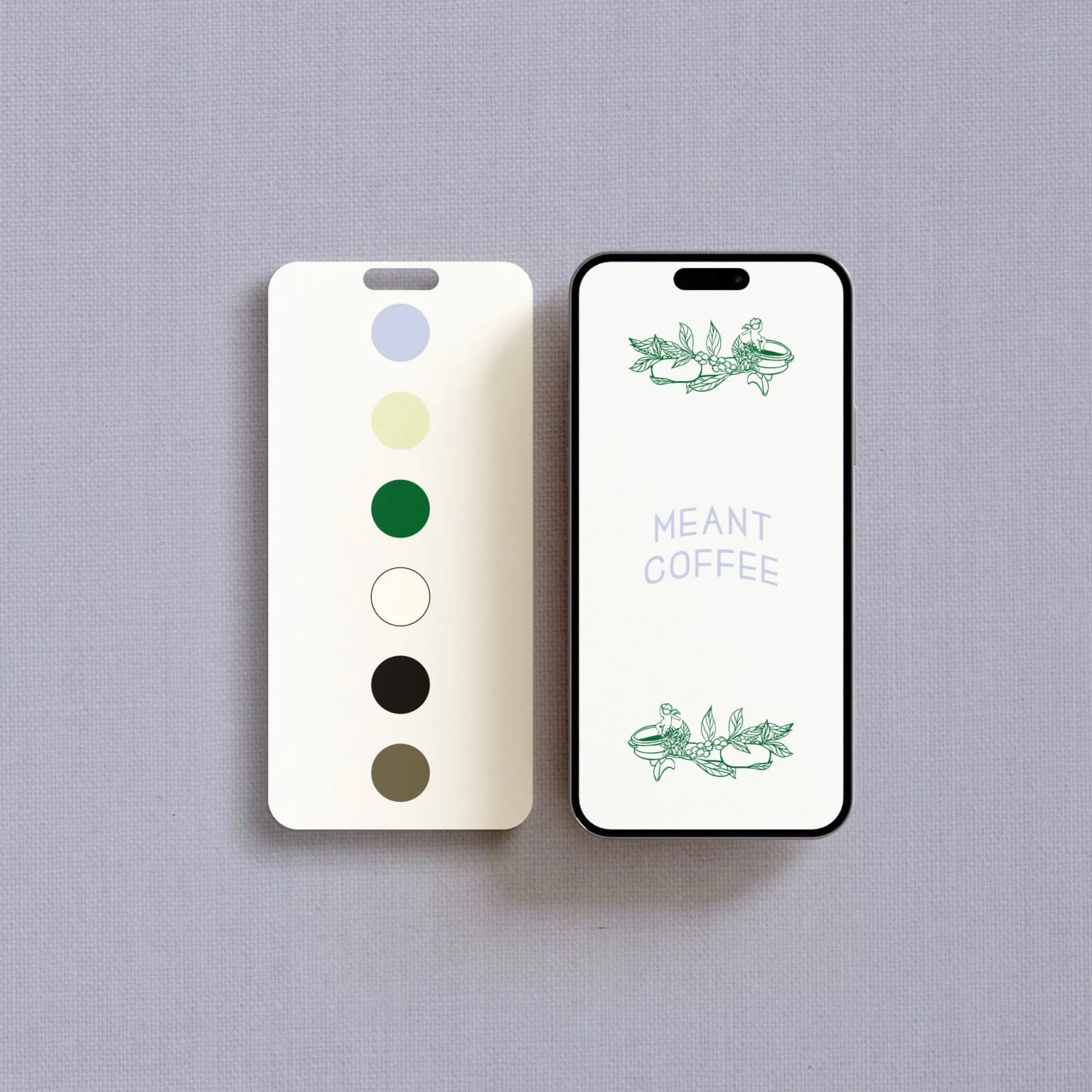 Meant Coffee color palette, custom illustration, and logo shown on a mobile screen.