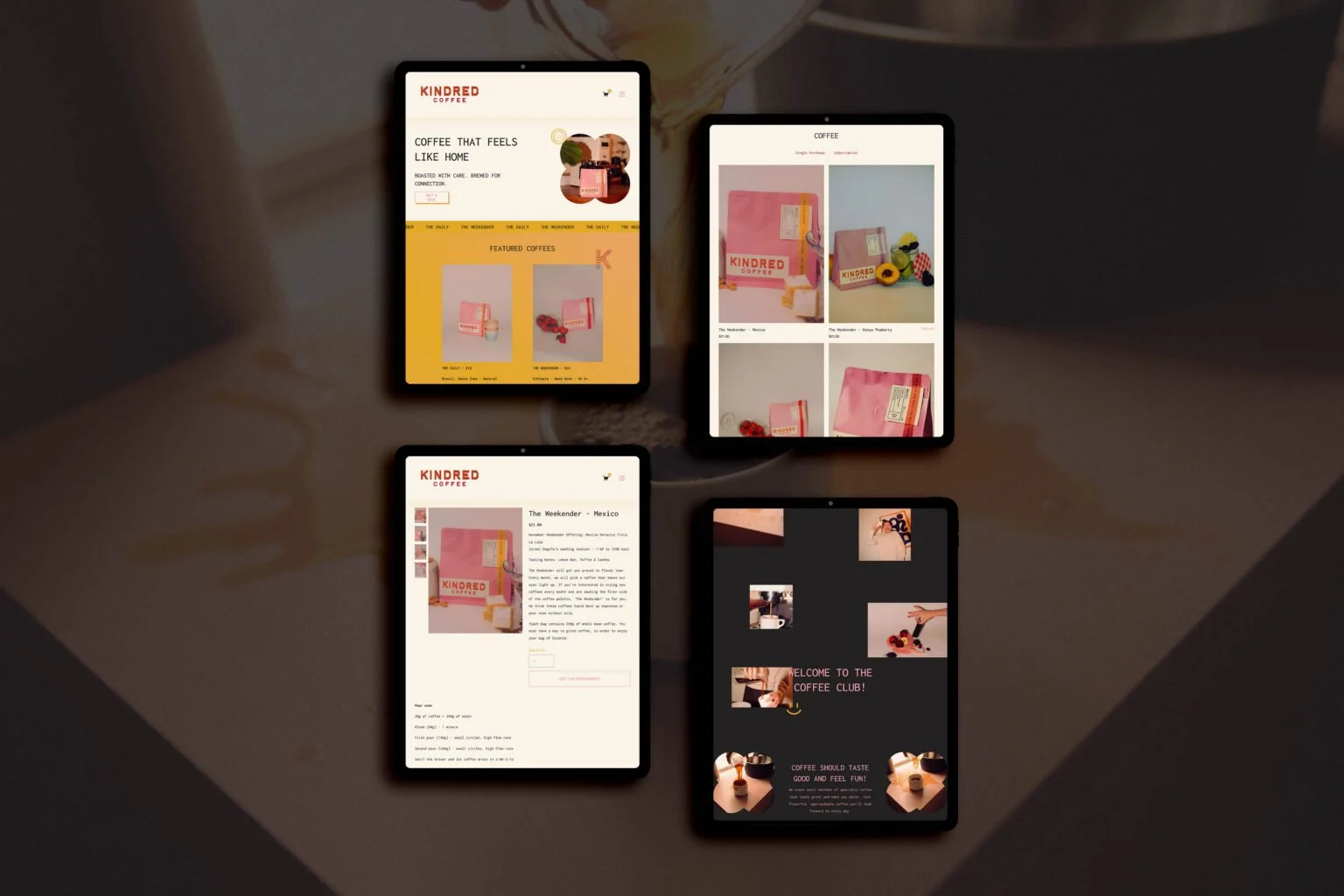 Kindred Coffee website displayed across multiple screens.
