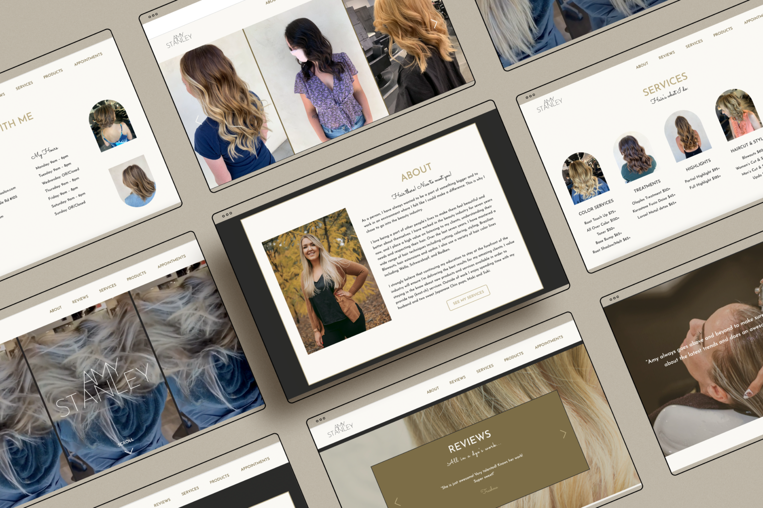 Hair stylist website pages displayed together.