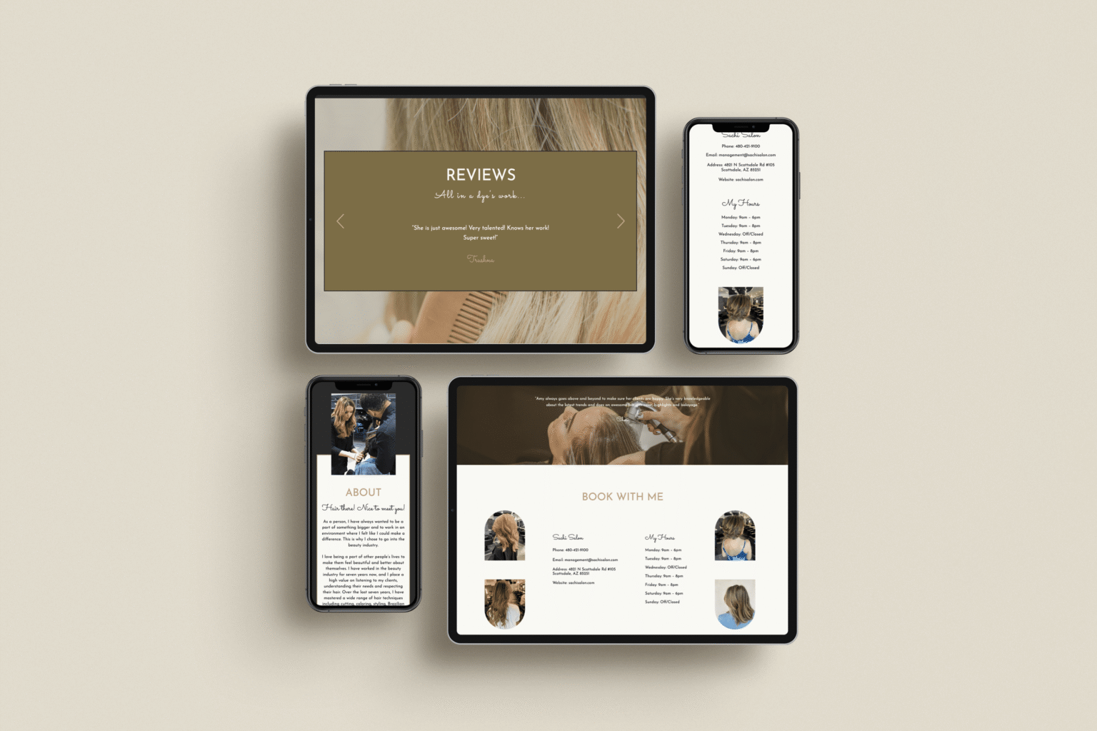 Hair stylist website shown across different pages.