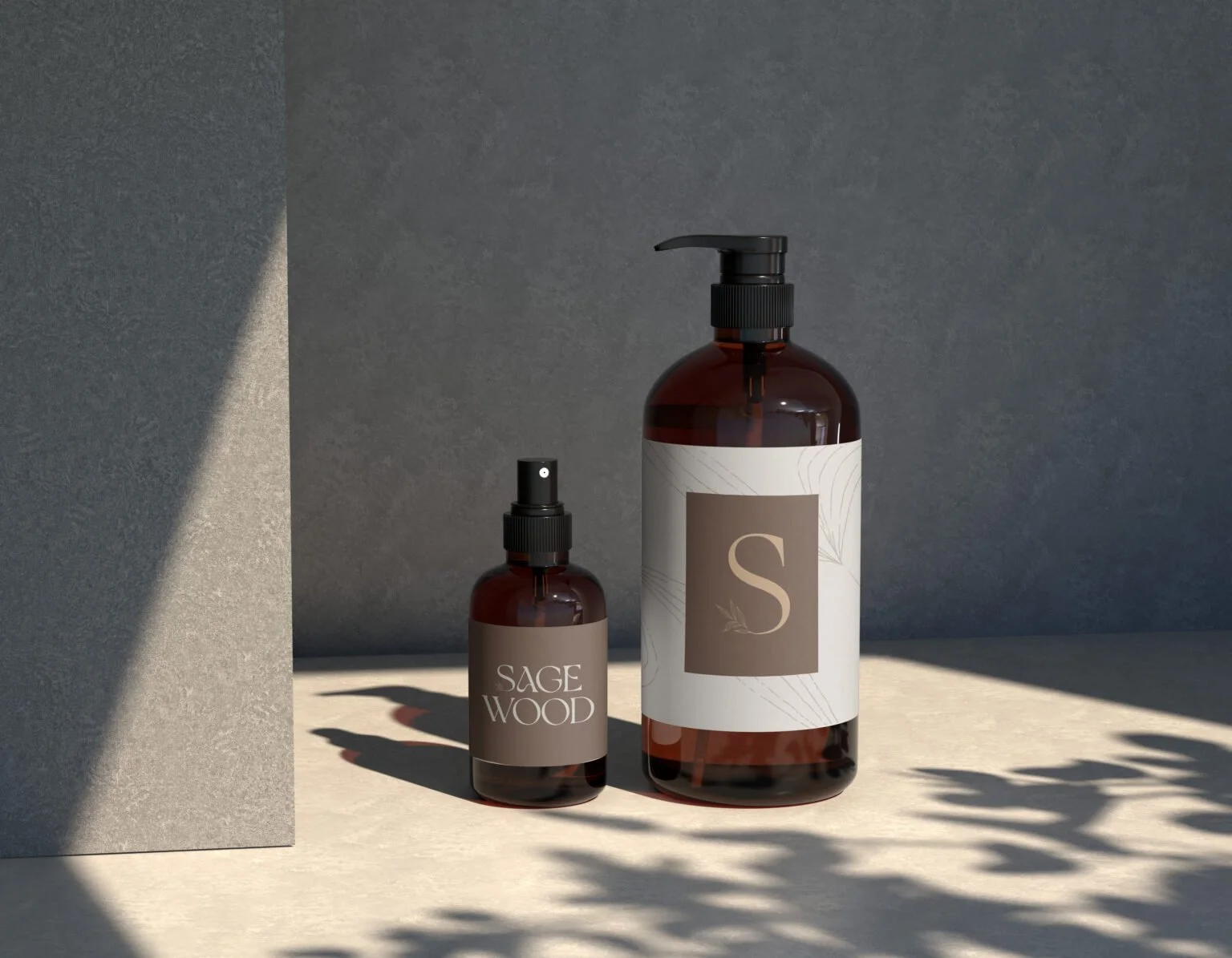 Sagewood logo and illustrations on cosmetic packaging.