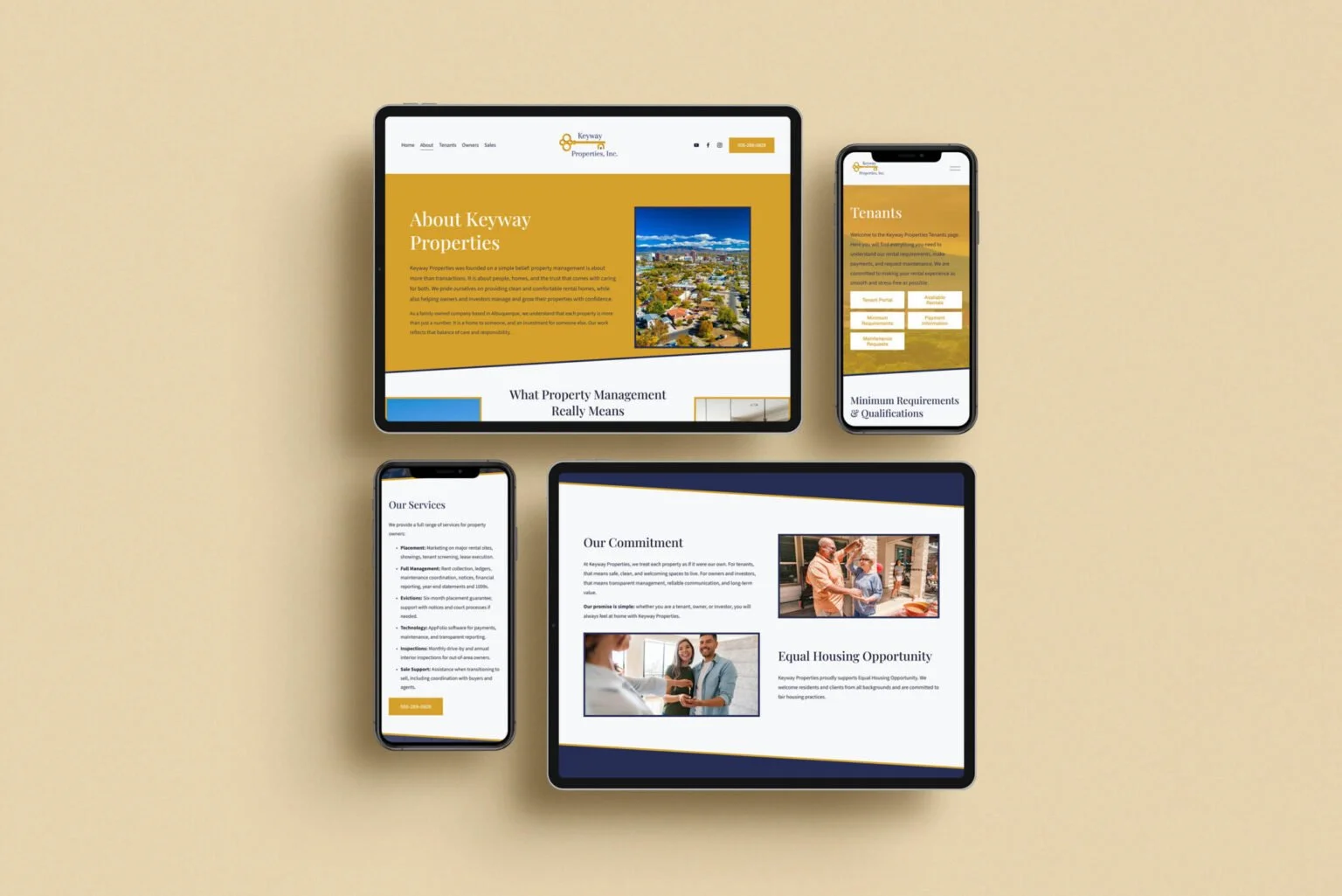 Real estate rental property website displayed on a tablet and phones.