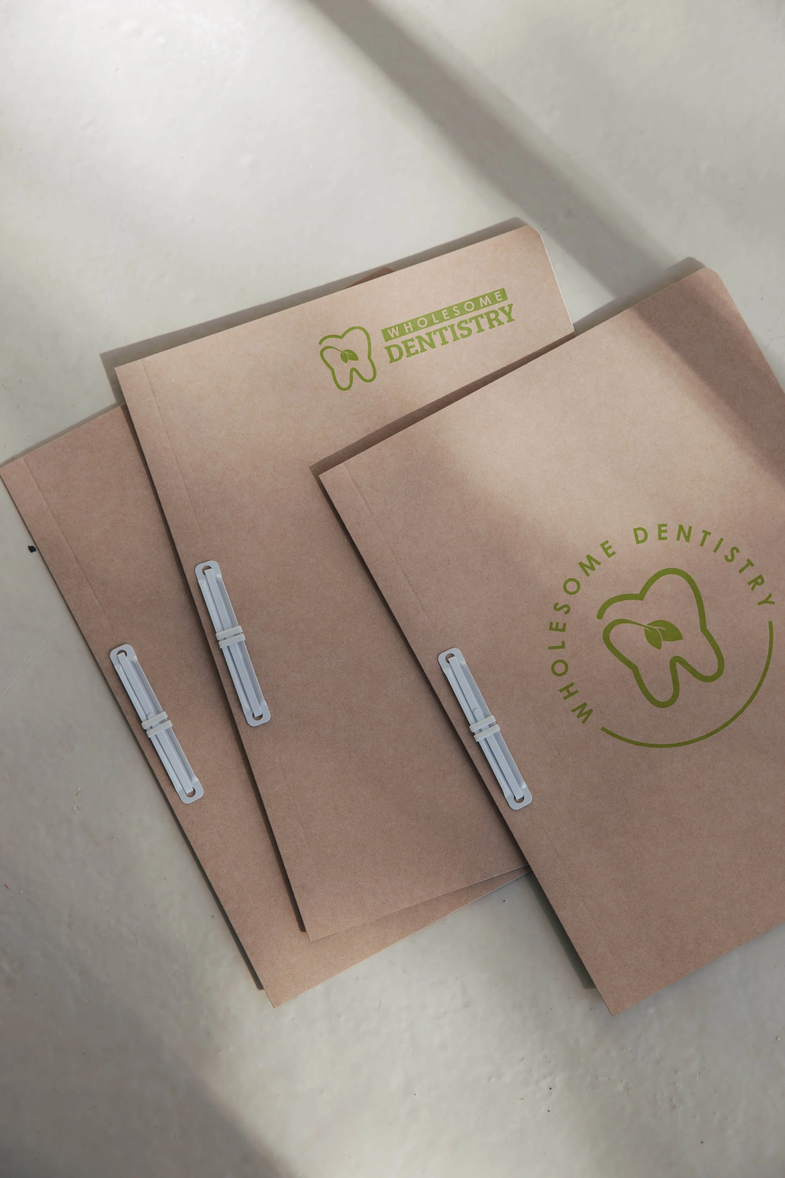 Wholesome Dentistry logo displayed on branded folders.