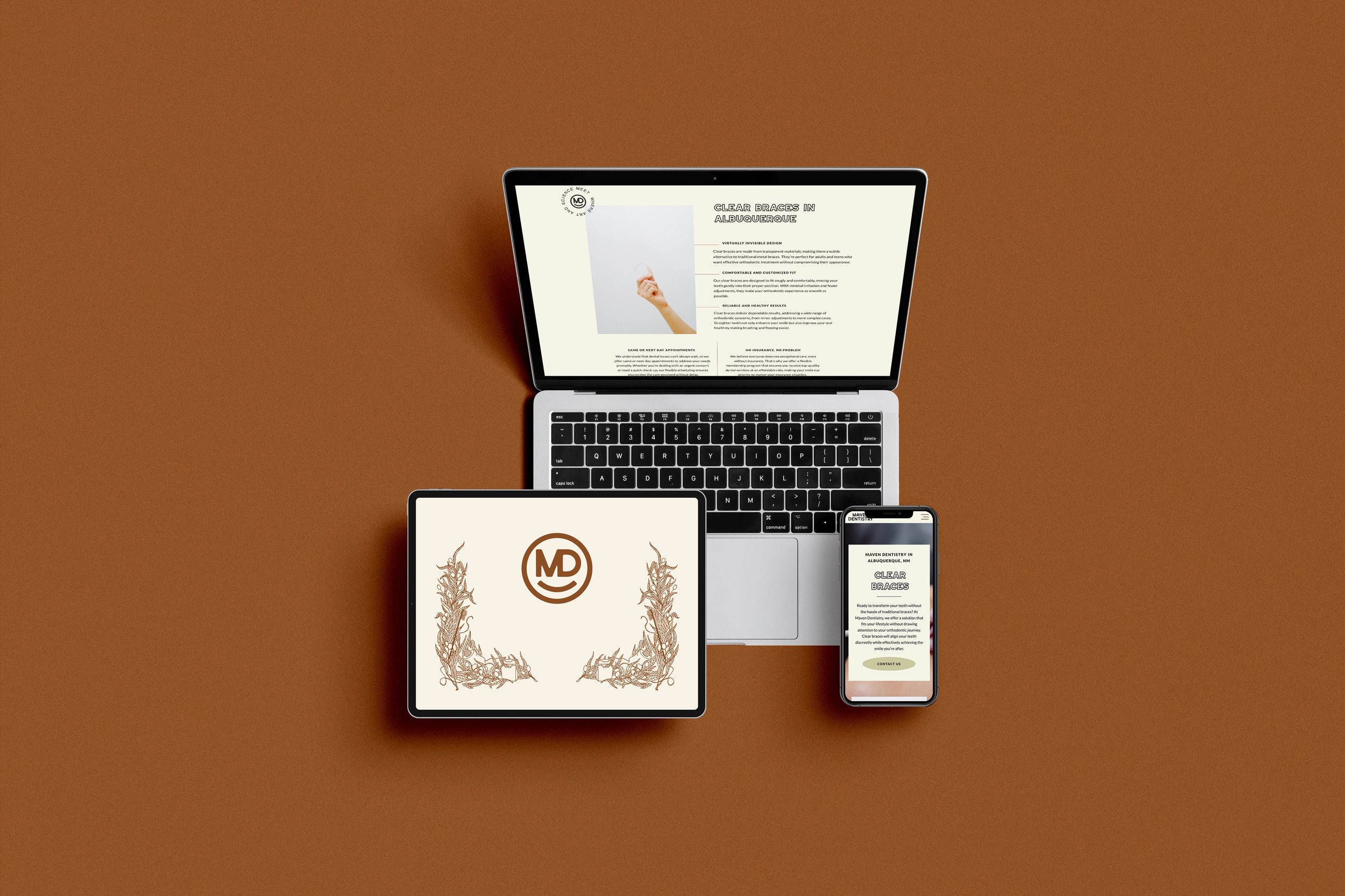Maven Dentistry website and branding displayed across different devices.