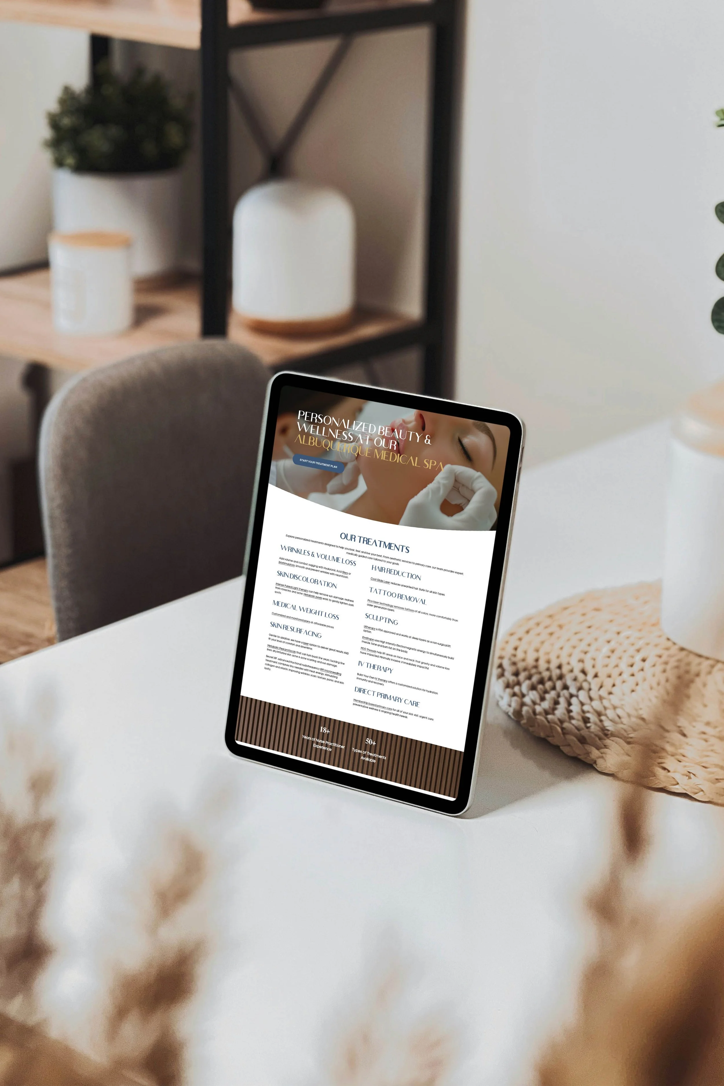 List of med spa treatments displayed on the website.