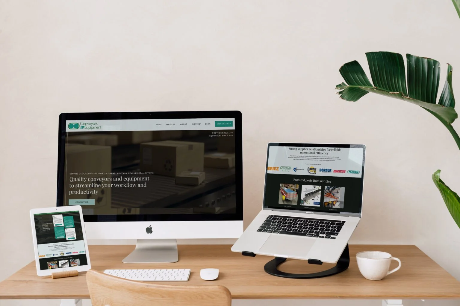 Conveyor company website displayed across various devices.