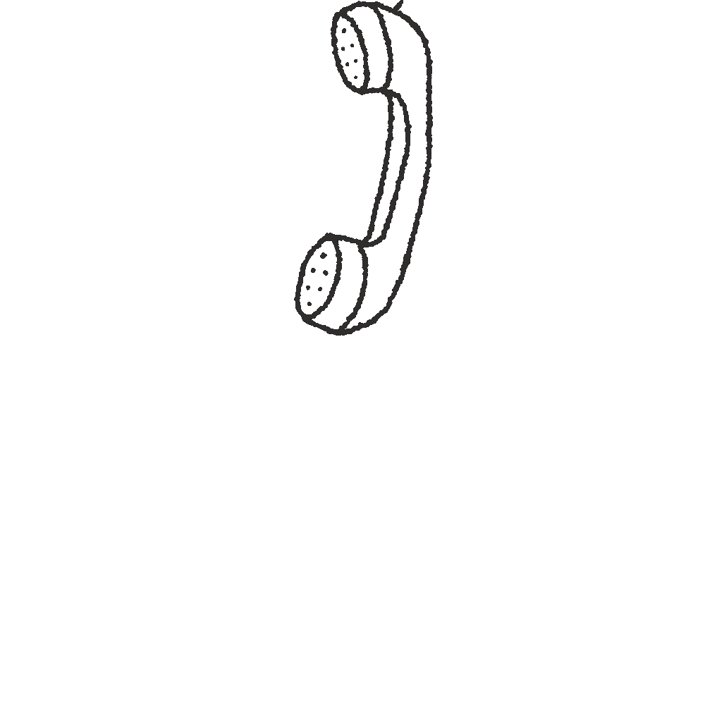 Line drawing of a telephone handset with a cord, positioned above a speech bubble.