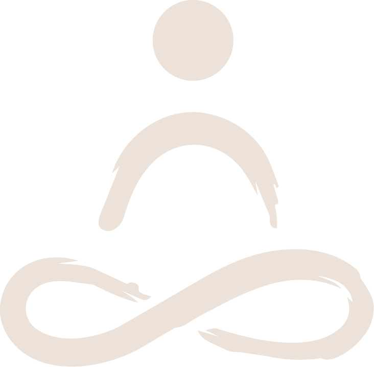 A minimalist black and beige illustration of a person practicing yoga in a seated twist position with an infinity symbol underneath.