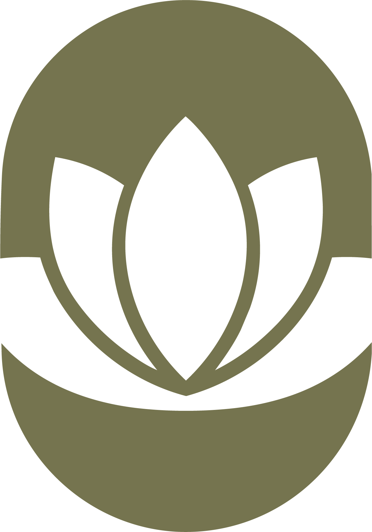 A stylized, abstract icon resembling a lotus flower within a circular shape, primarily in olive green color.