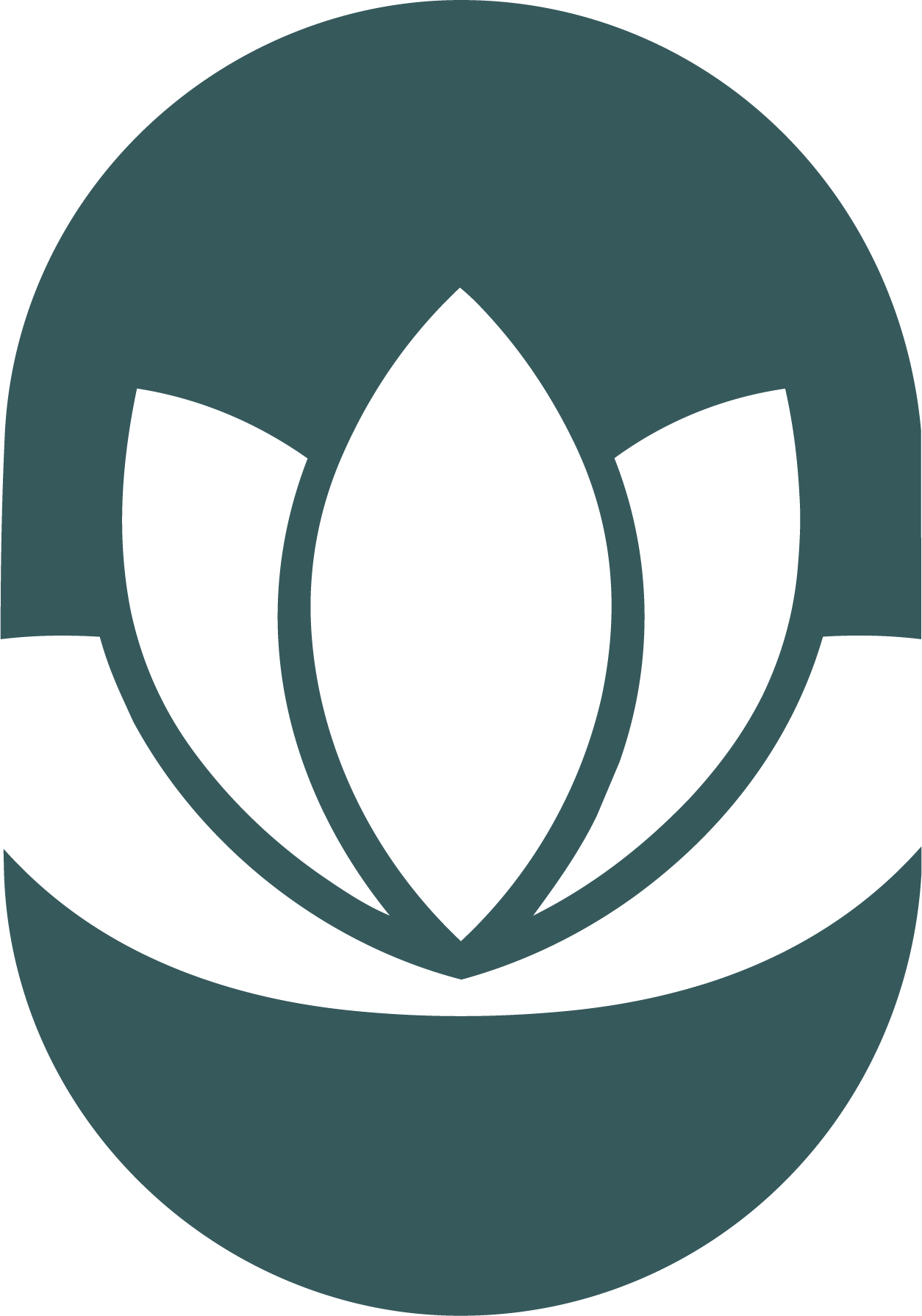 Simplified graphic of a blooming flower in dark teal color with a circular background.