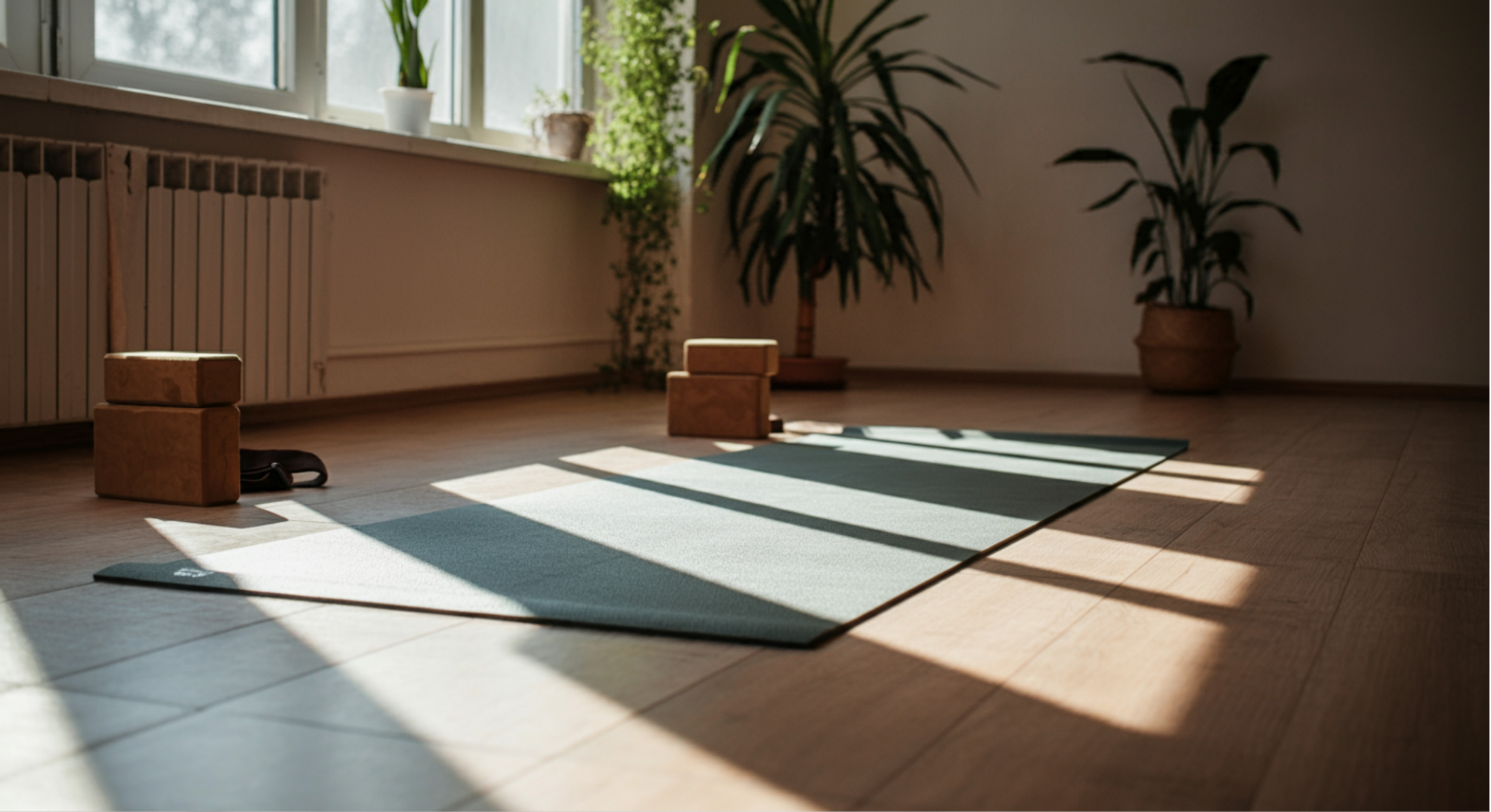Yoga mat with wooden yoga blocks and a strap on the floor near large windows with sunlight, plants in the room.
