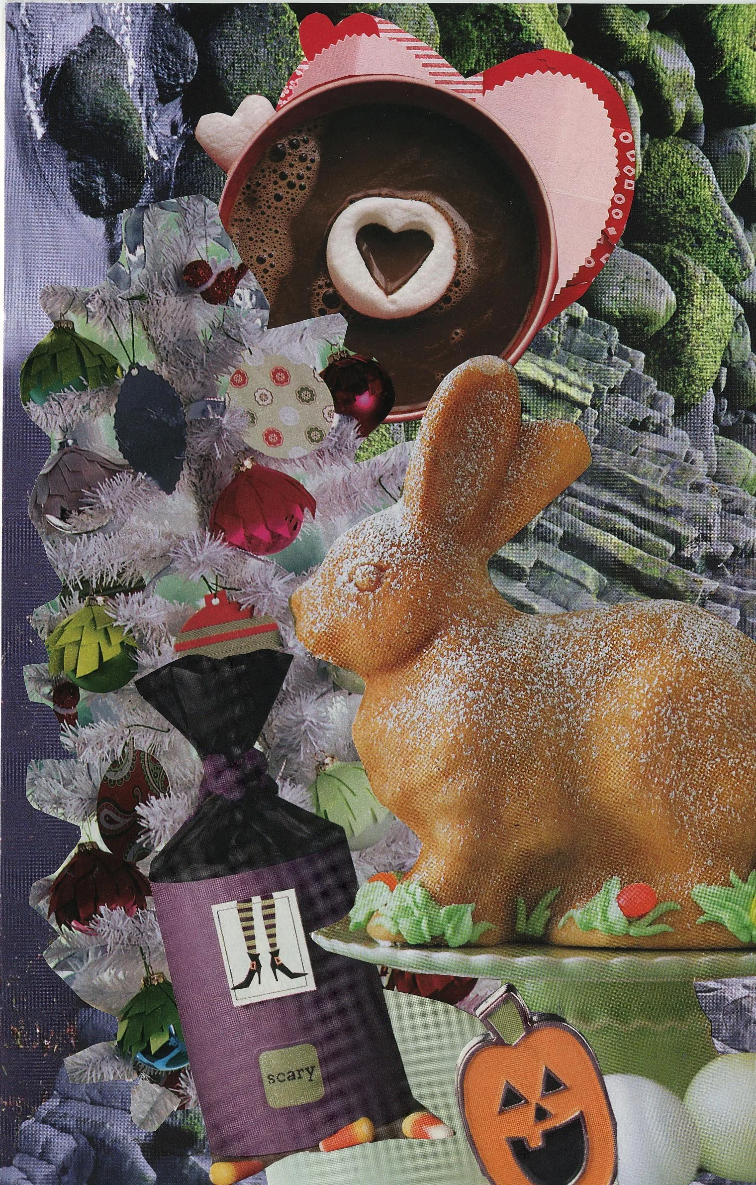 Image of a SoulCollage® card for holidays including a rabbit cake and chocolate.