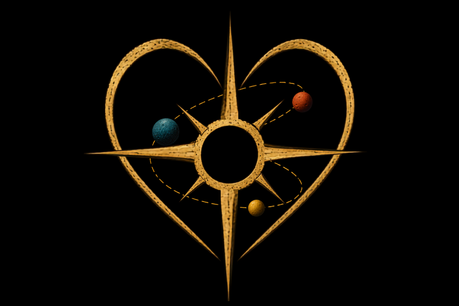 compass on a heart with multicolored planets orbiting in the background