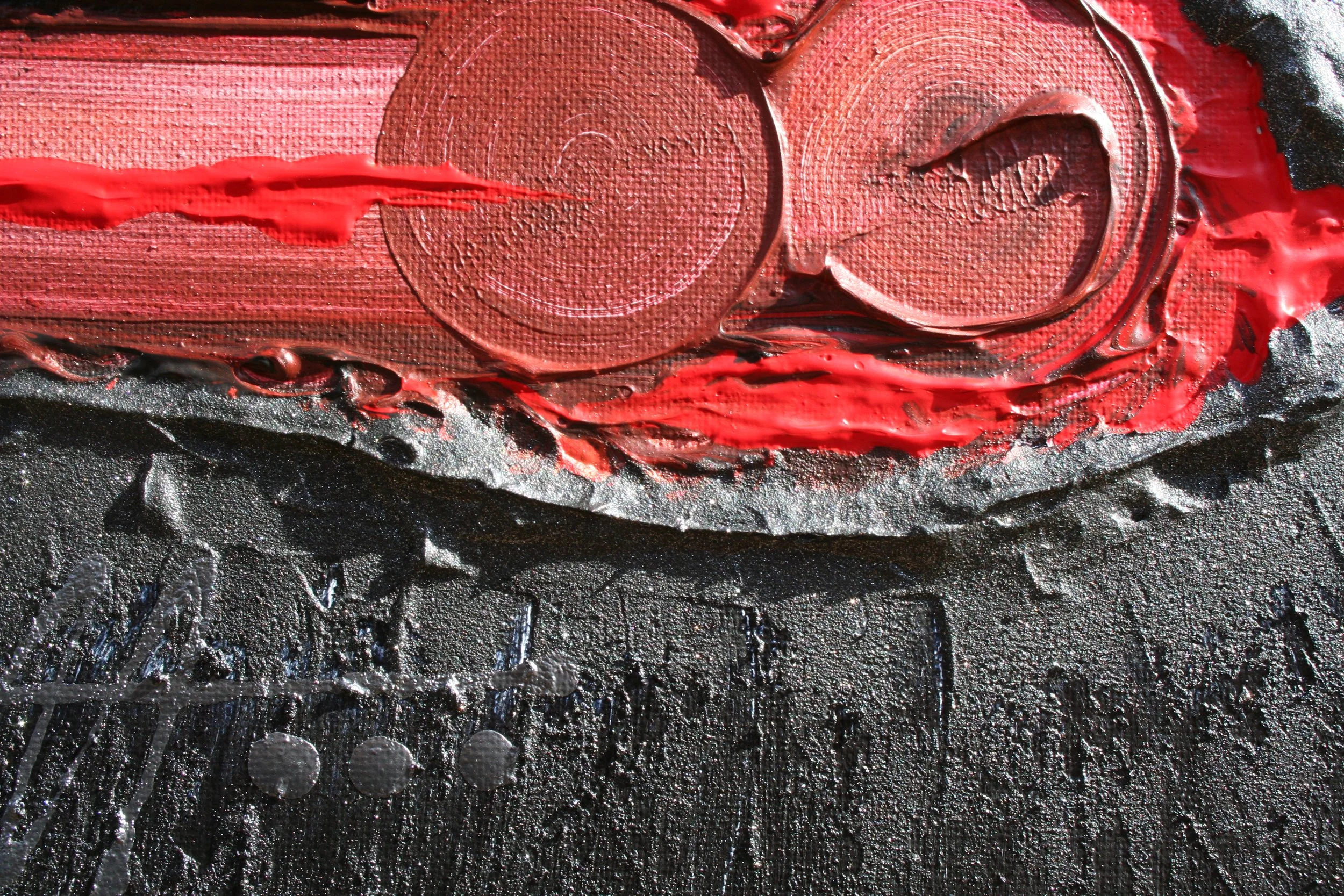detail of a painting called "Streaker" bold red and black thick paint.