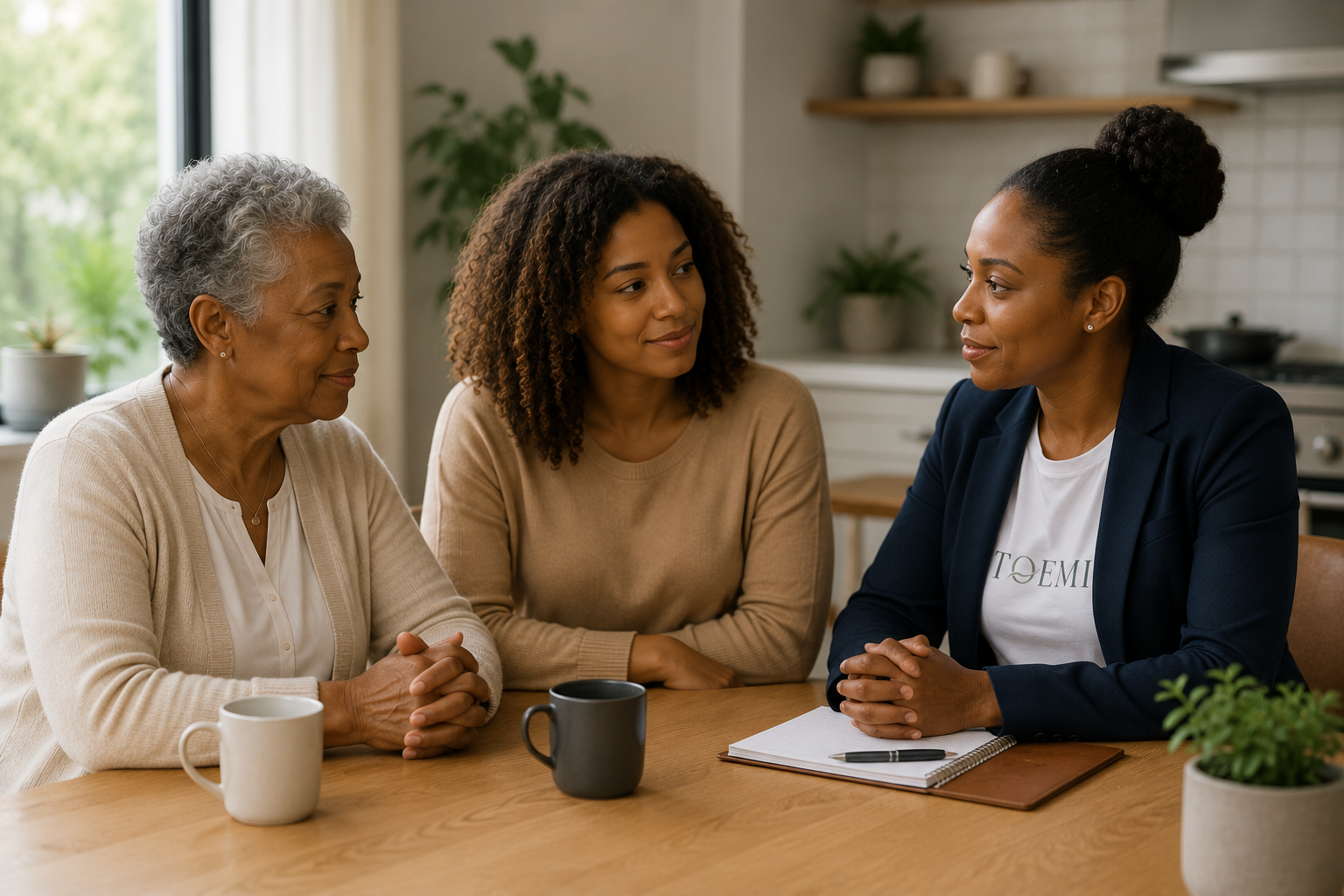 Toemi Confidant listening to an older adult and daughter during a personalized healthcare planning conversation.