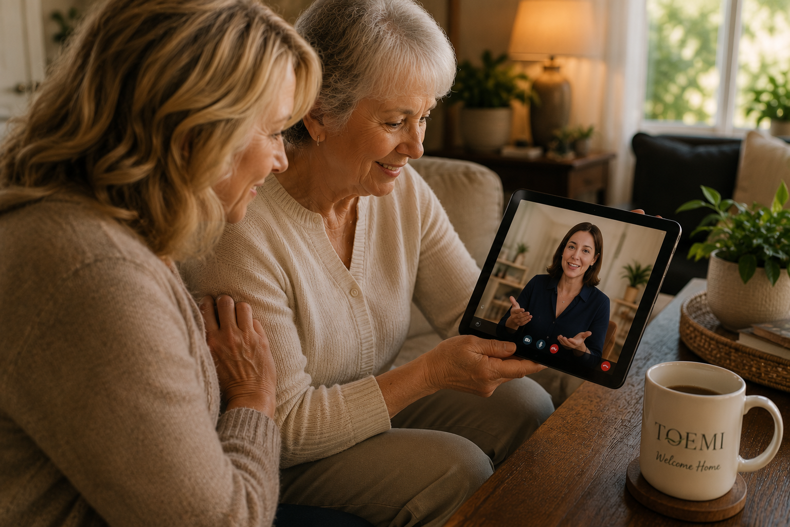 A Toemi confidant helps an older adult participate in a virtual healthcare visit from home, strengthening communication between the patient, family, and healthcare team.