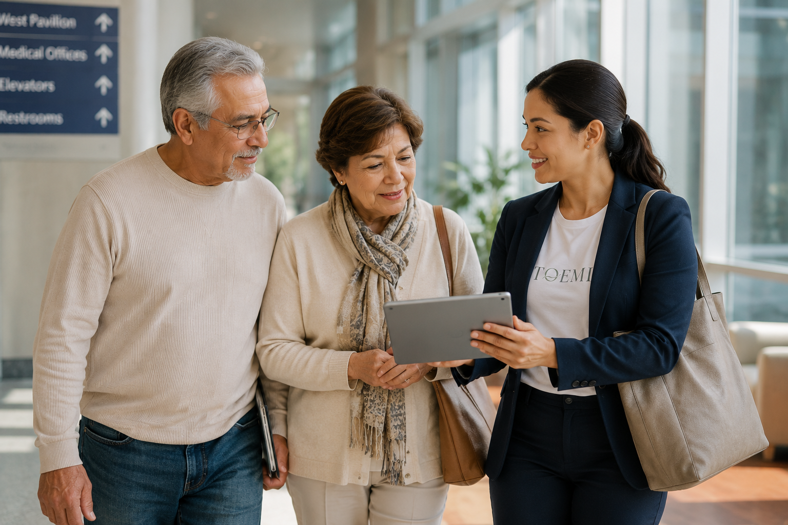 Toemi Confidant coordinating appointments and care planning with an older couple.