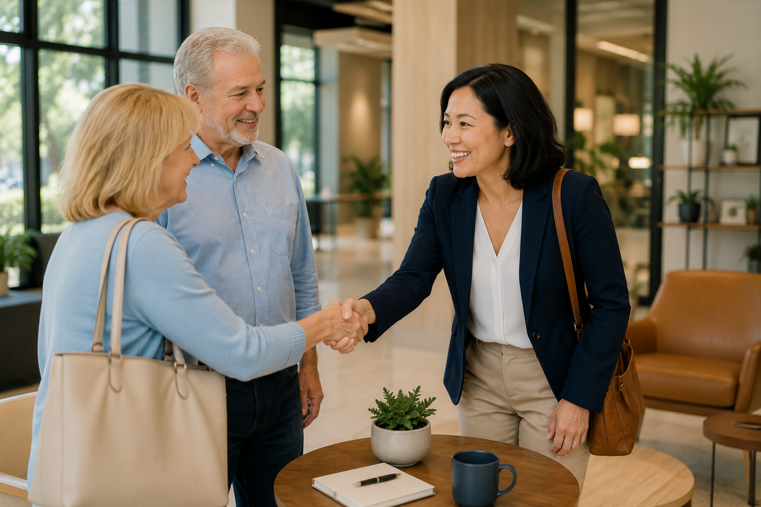 Toemi Confidant introducing clients to a trusted healthcare professional in a modern office environment.
