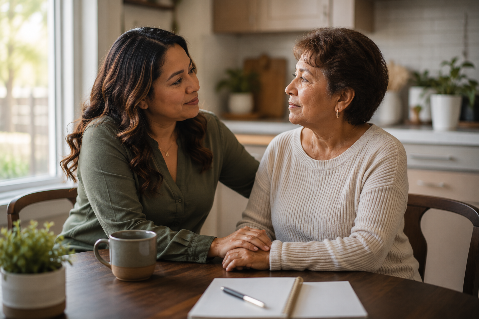 A compassionate conversation between a Toemi Confidant and an older client in a comfortable home environment.