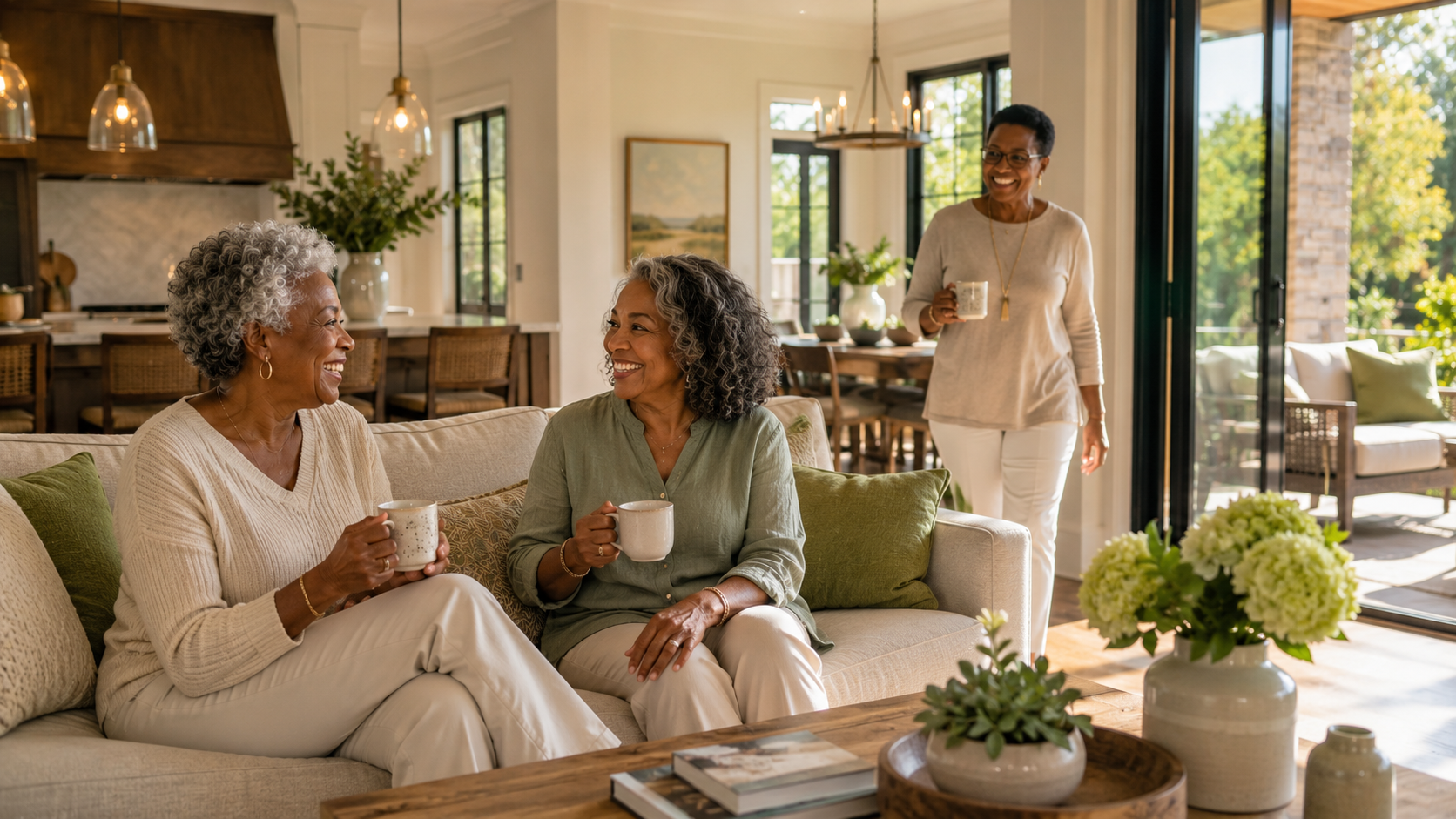 Three older women from diverse backgrounds laughing together over coffee in a warm, beautiful residential living room.