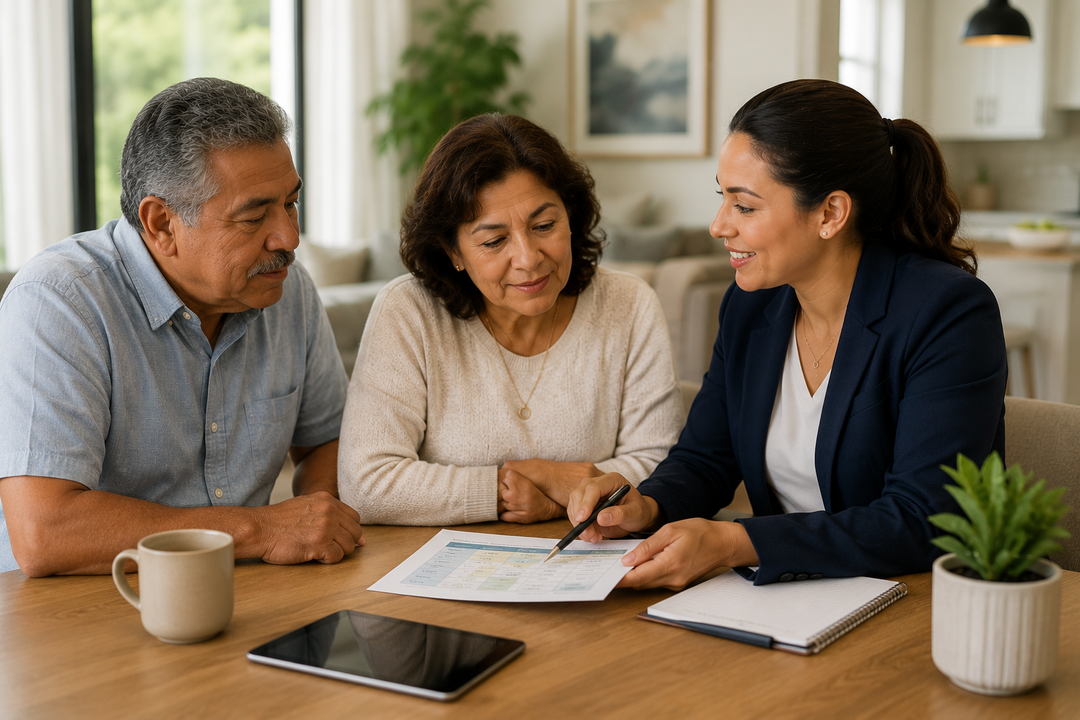 Toemi Confidant explaining healthcare information to a family in a comfortable home setting to support informed decision-making.