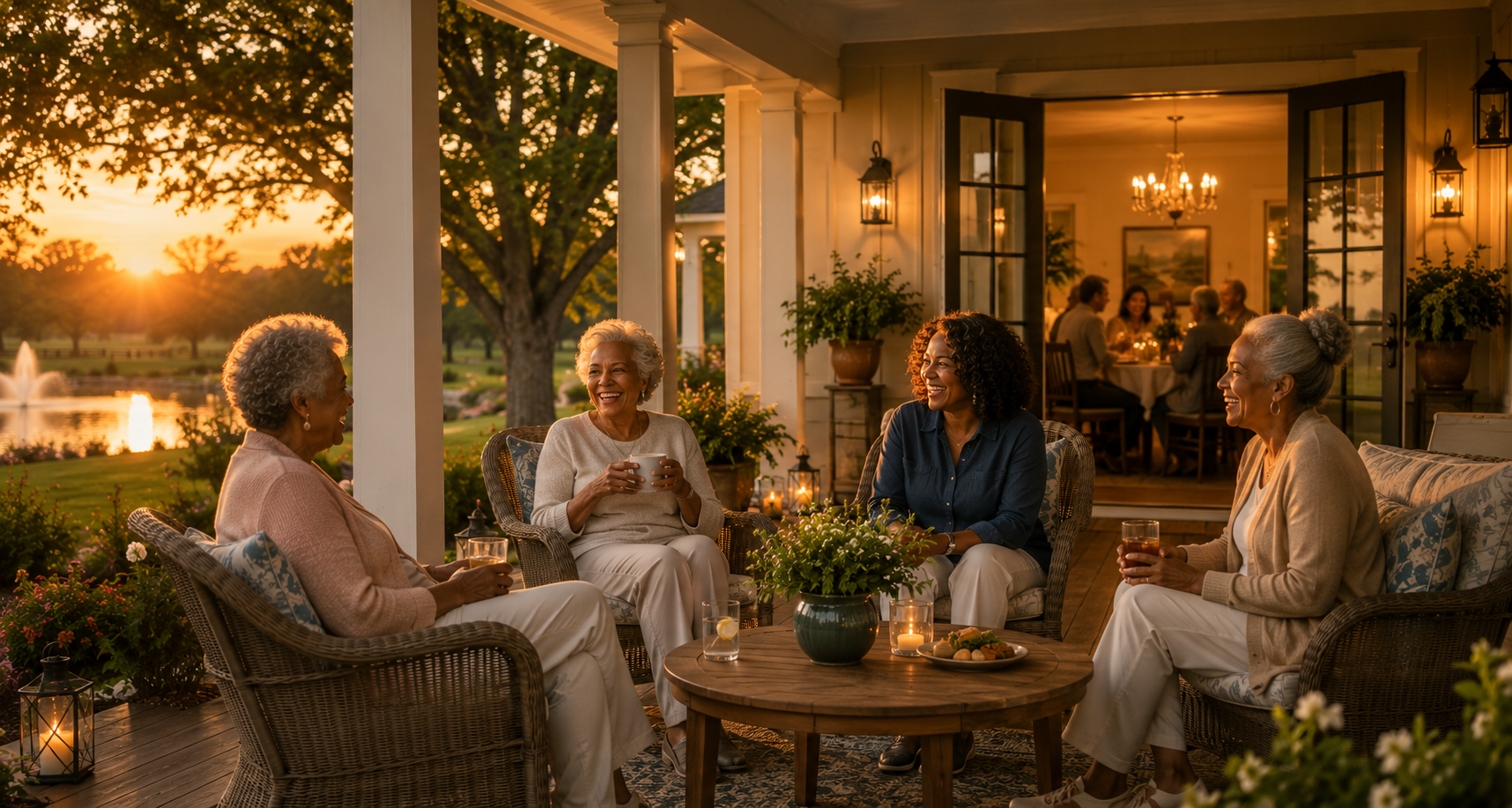 Older women enjoying conversation together on a welcoming porch at sunset, reflecting the community and everyday life envisioned at The Toemi House.
