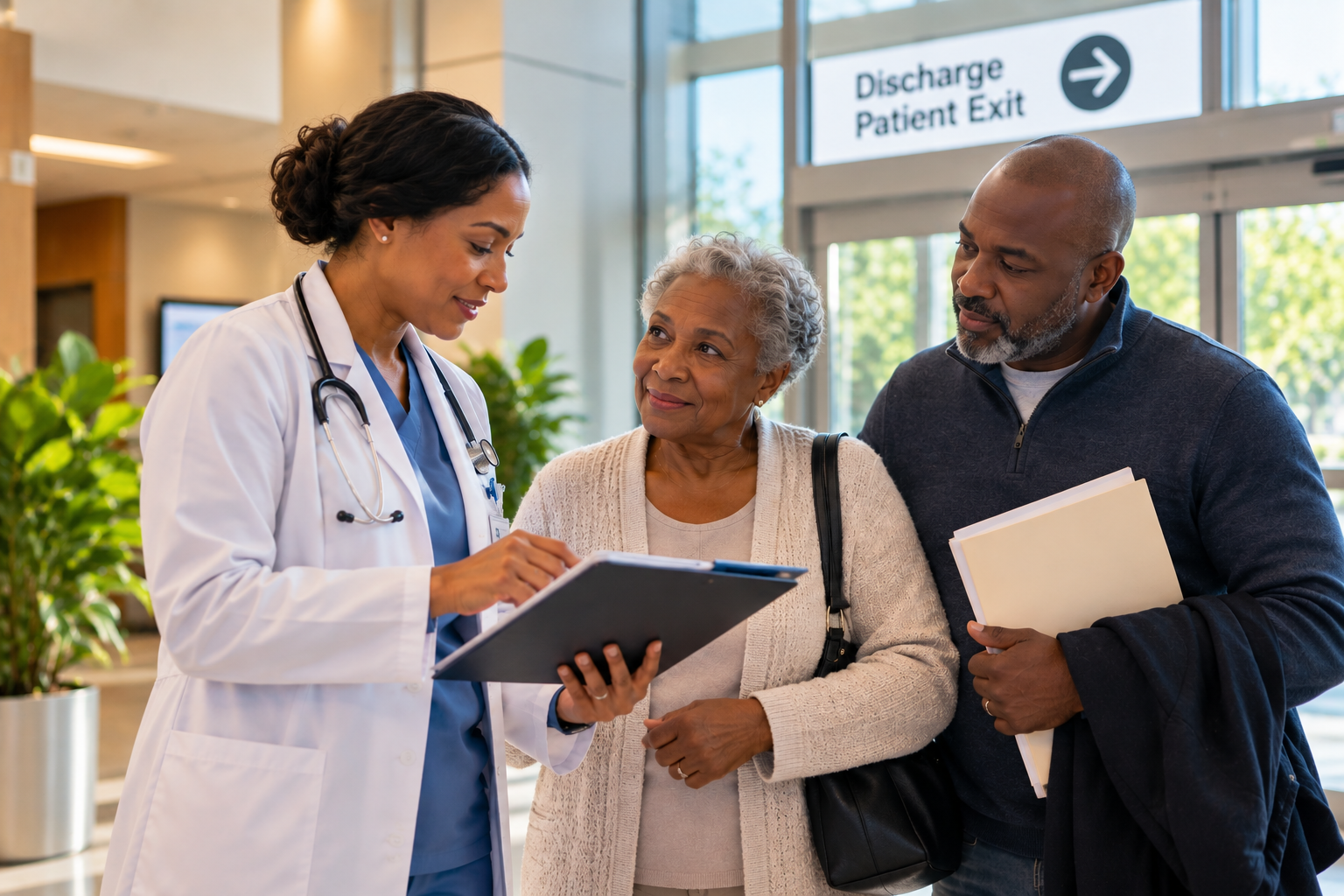Older adult and family caregiver reviewing discharge information with a healthcare provider before transitioning home.