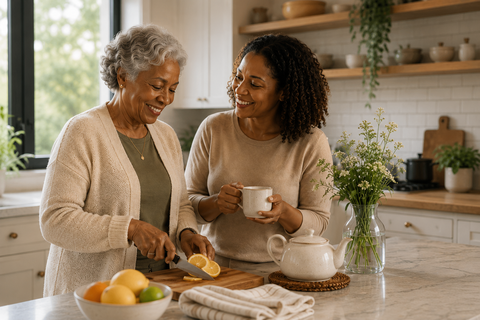 Older woman and family caregiver sharing a warm moment together while preparing tea at home.