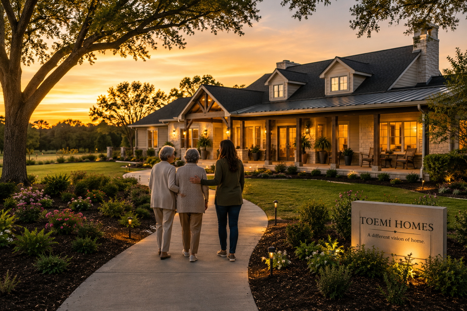 Two older women and a companion walking toward a warm, beautifully landscaped residential home at sunset.